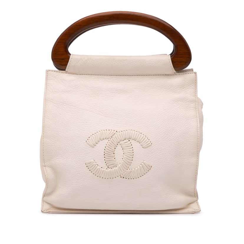 Chanel CC Grained Calfskin Wooden Handle Tote White Leather Good condition - Front View