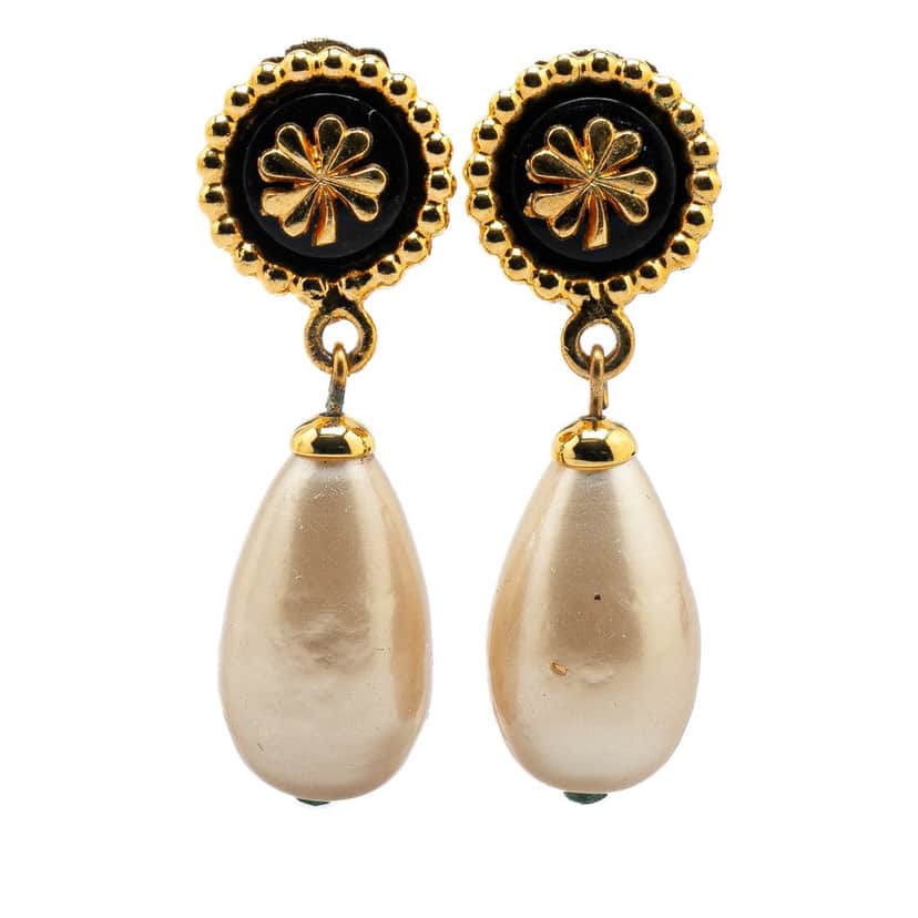 Chanel Gold Plated Clover Faux Pearl Dangling Clip on Earrings Gold Metal Good condition - Front View
