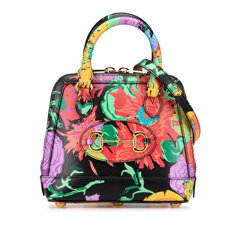 Gucci Ken Scoot New Shangai Mini Calfskin Jenny Floral Print Horsebit 1955 Top Handle Bag Black Leather Good condition - Front View