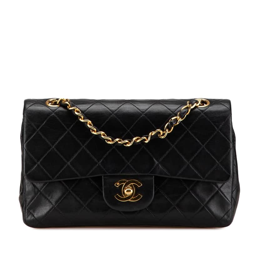Chanel Small Classic Lambskin Double Flap Black Leather Good condition - Front View