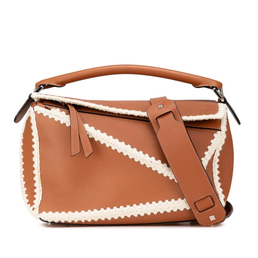Loewe Medium Calfskin Crochet Trim Puzzle Satchel Brown Leather Good condition - Front View