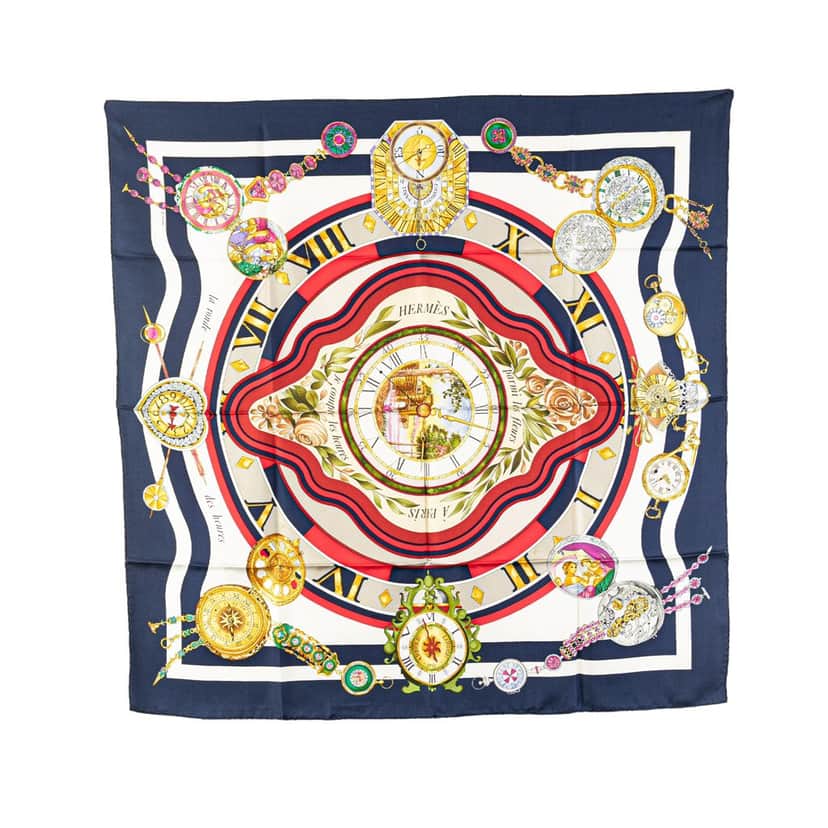 Hermès Parmi Les Fleurs Je Compte Les Heures Silk Scarf Blue Silk Good condition - Front View