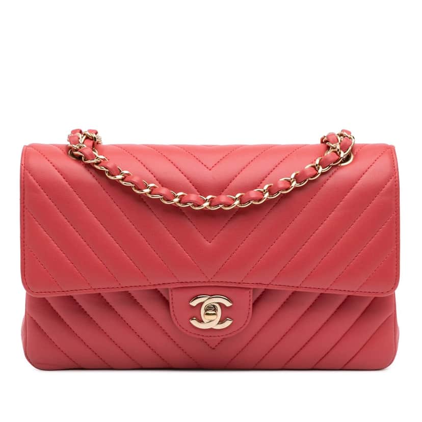 Chanel Medium Classic Chevron Lambskin Double Flap Red Leather Very good condition - Front View