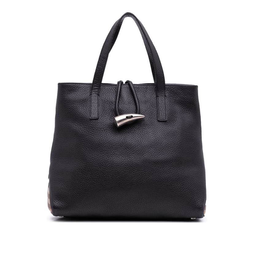 Burberry House Check Trimmed Grainy Calfskin Horn Toggle Tote Black Leather Good condition - Front View