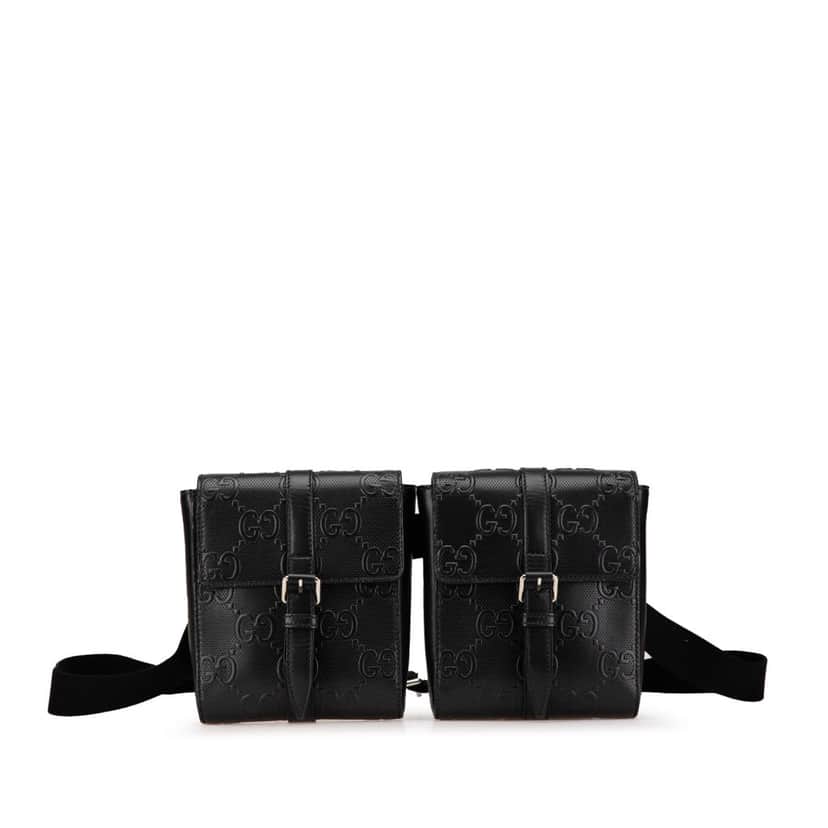 Gucci GG Embossed Perforated Double Belt Bag Black Leather Good condition - Front View