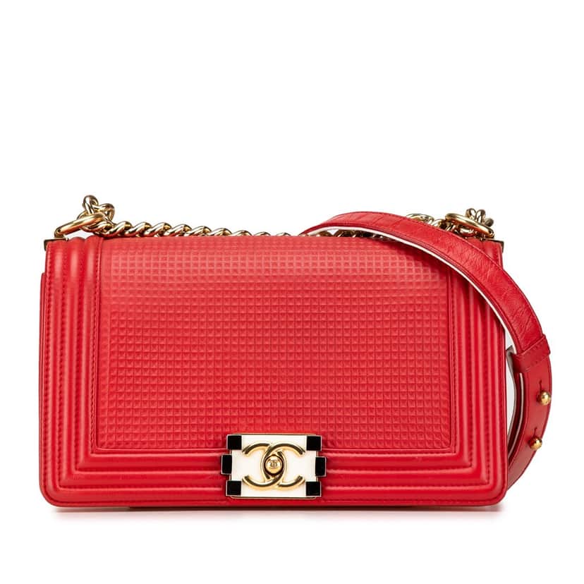 Chanel Old Medium Lambskin Embossed Cube Boy Flap Red Leather Good condition - Front View
