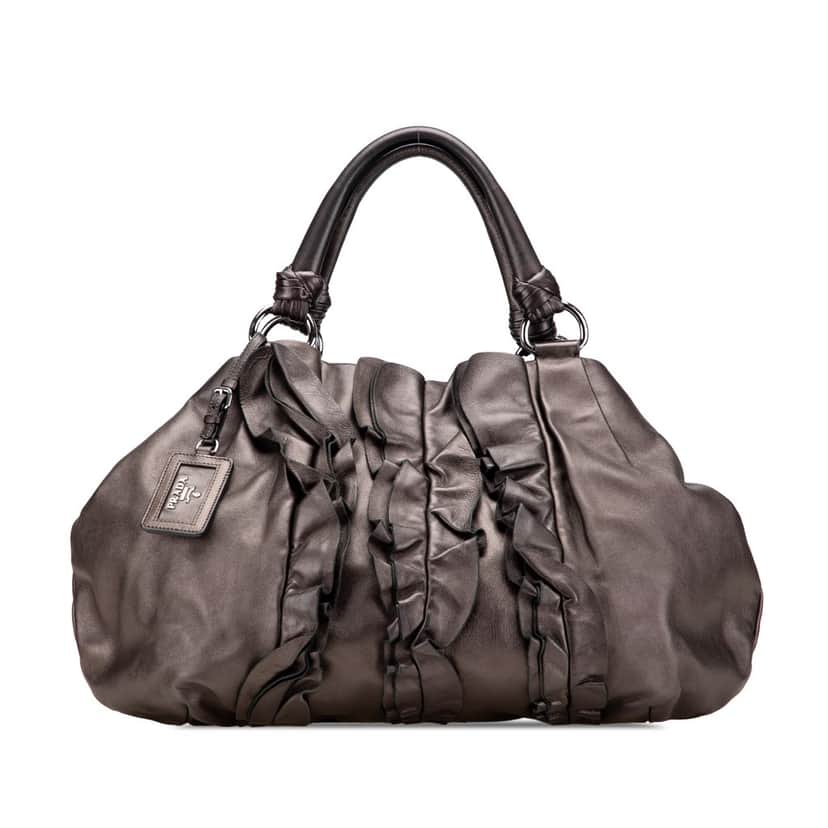 Prada Metallic Nappa Mordore Ruffle Tote Brown Leather Good condition - Front View