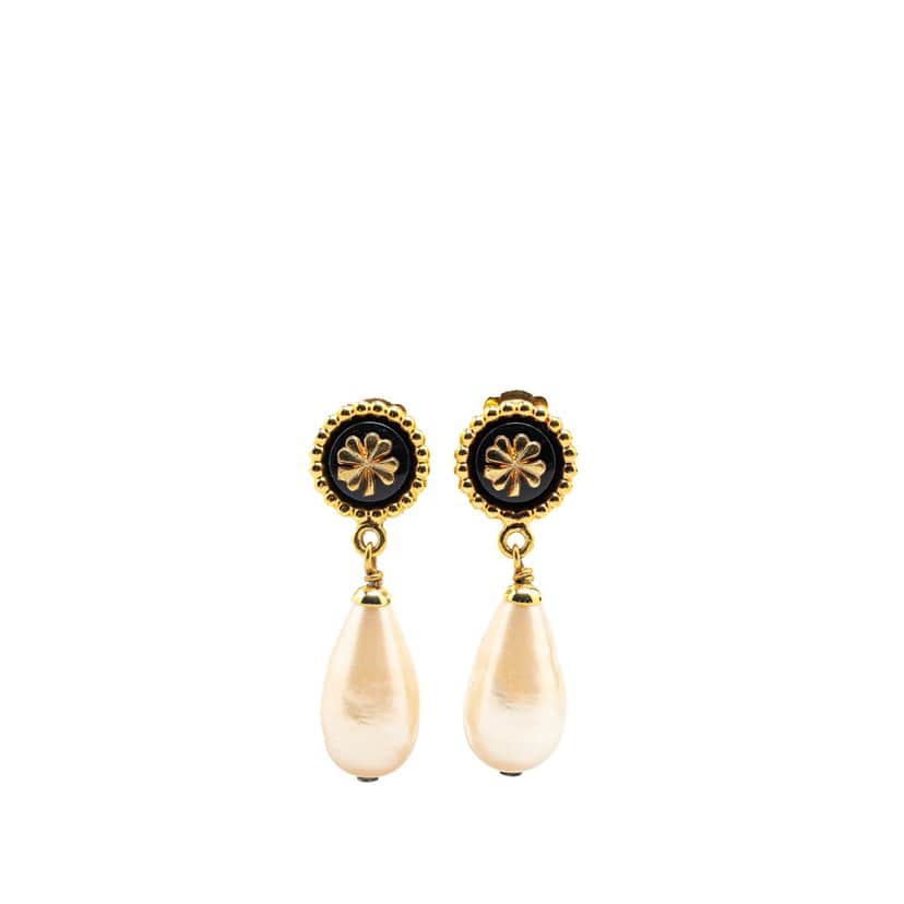 Chanel Gold Plated Clover Faux Pearl Drop Earrings Gold Metal Good condition - Front View
