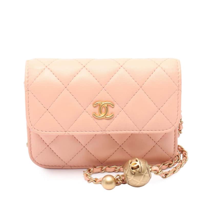 Chanel Mini Lambskin Pearl Crush Clutch On Chain Pink Leather Good condition - Front View