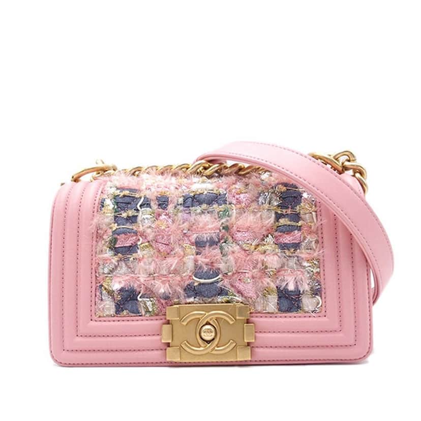 Chanel Small Tweed and Lambskin Boy Flap Pink Tweed Good condition - Front View