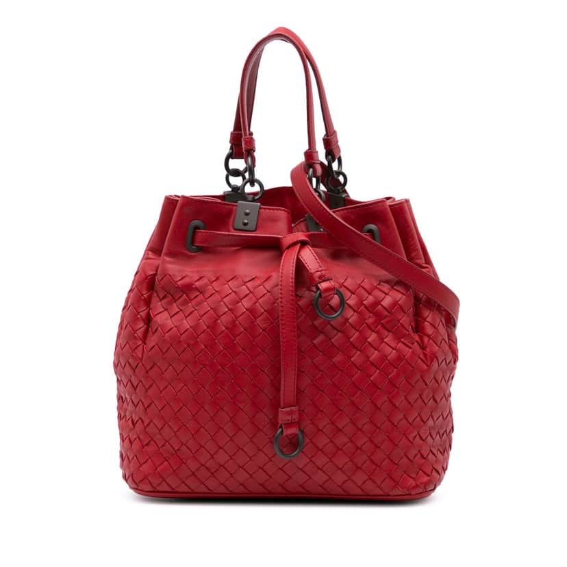 Bottega Veneta Nappa Intrecciato Bucket Bag Red Leather Good condition - Front View