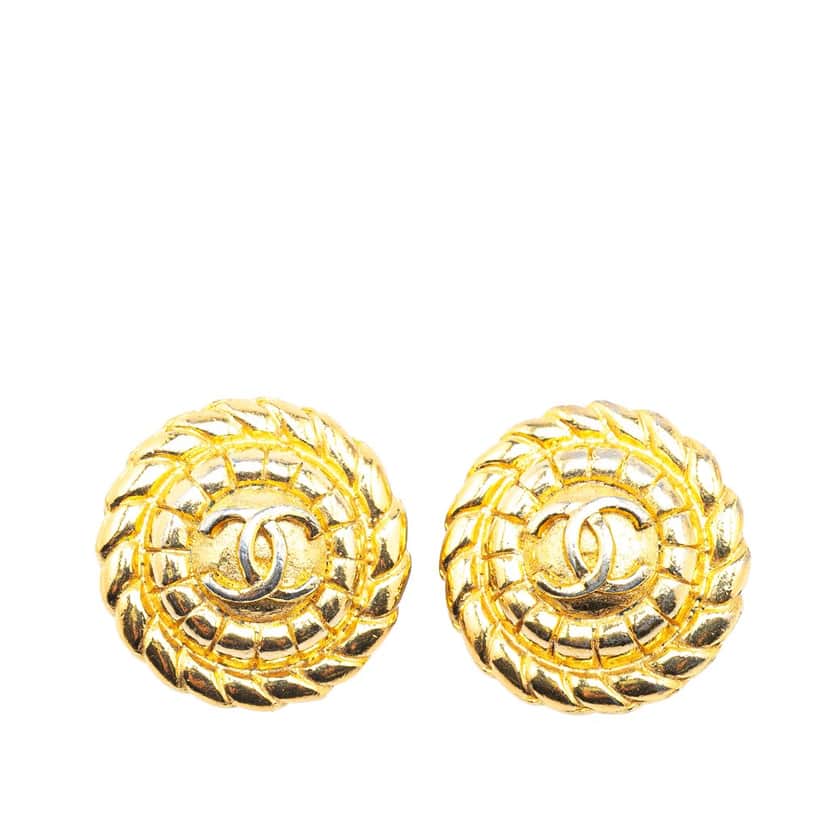 Chanel Gold Plated CC Round Clip On Earrings Gold Metal Good condition - Front View