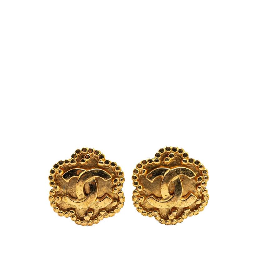 Chanel Gold Plated CC Flower Clip On Earrings Gold Metal Good condition - Front View