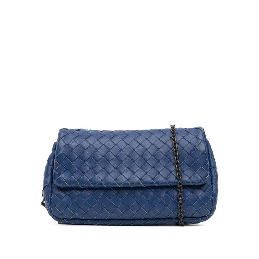 Bottega Veneta Intrecciato Chain Flap Crossbody Blue Leather Good condition - Front View