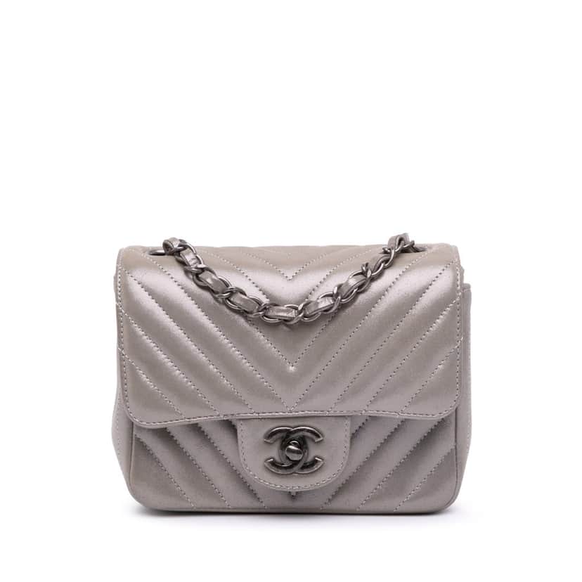 Chanel Mini Square Classic Chevron Iridescent Calfskin Single Flap Brown Leather Very good condition - Front View
