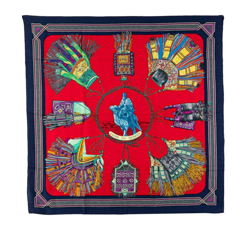 Hermès Cuirs Du Desert Silk Scarf Red Silk Good condition - Front View