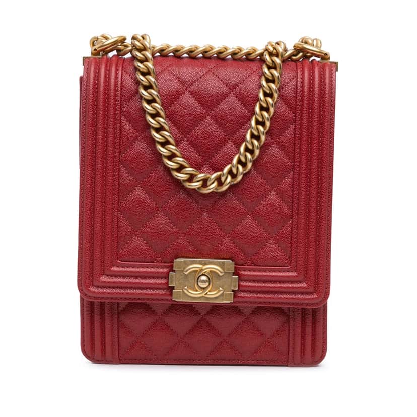 Chanel Quilted Caviar North South Boy Flap Red Leather Good condition - Front View
