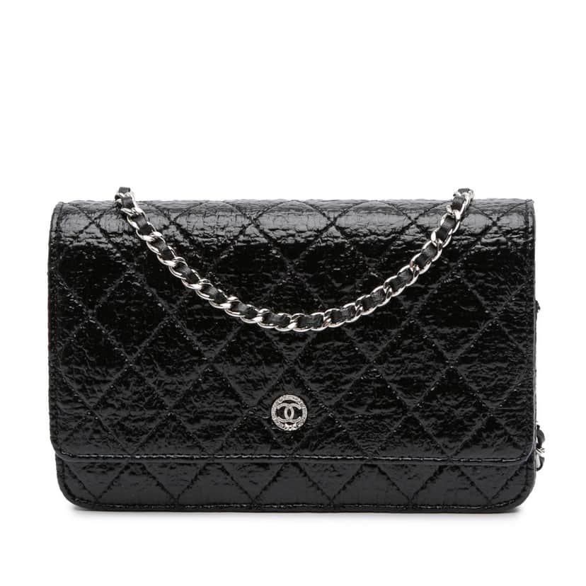 Chanel CC Quilted Crinkled Patent Wallet On Chain Black Leather Good condition - Front View