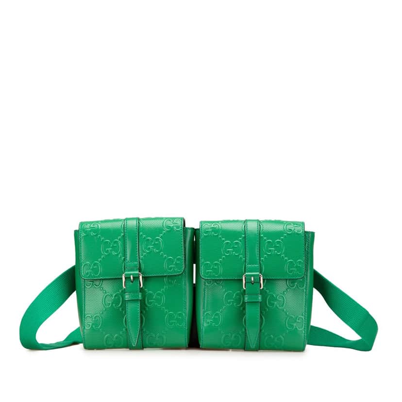 Gucci GG Embossed Perforated Double Belt Bag Green Leather Good condition - Front View