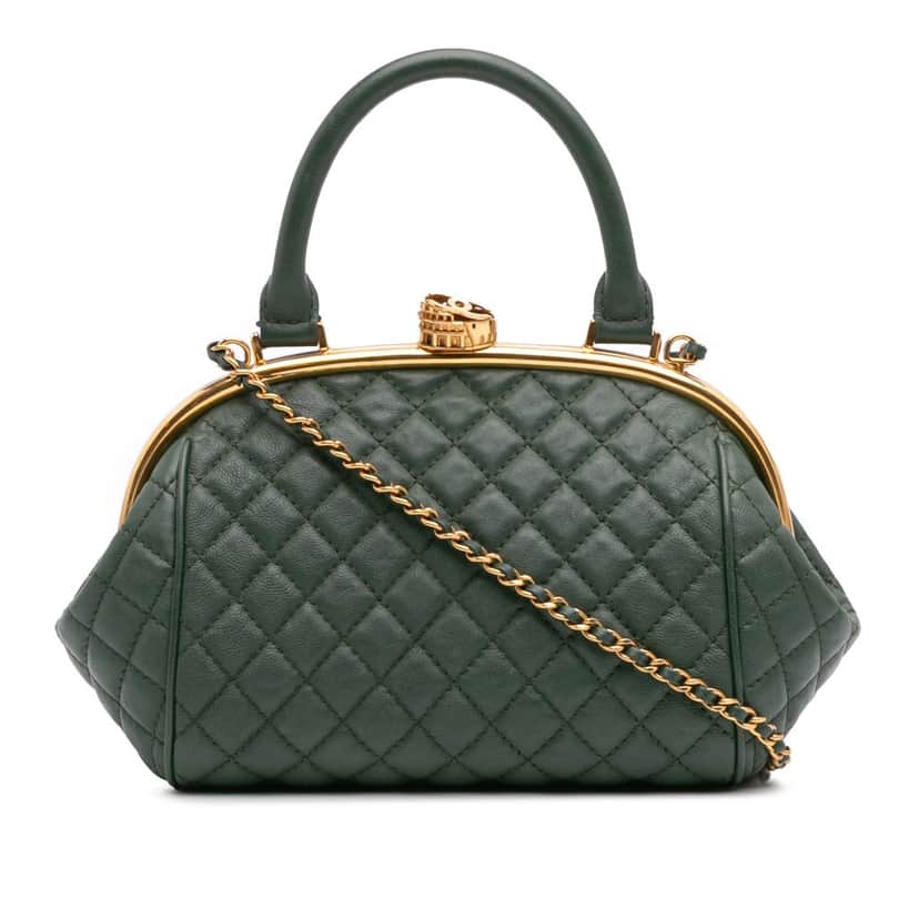 Chanel Small Quilted Calfskin Colosseum Lock Frame Bowling Bag Green Leather Good condition - Front View
