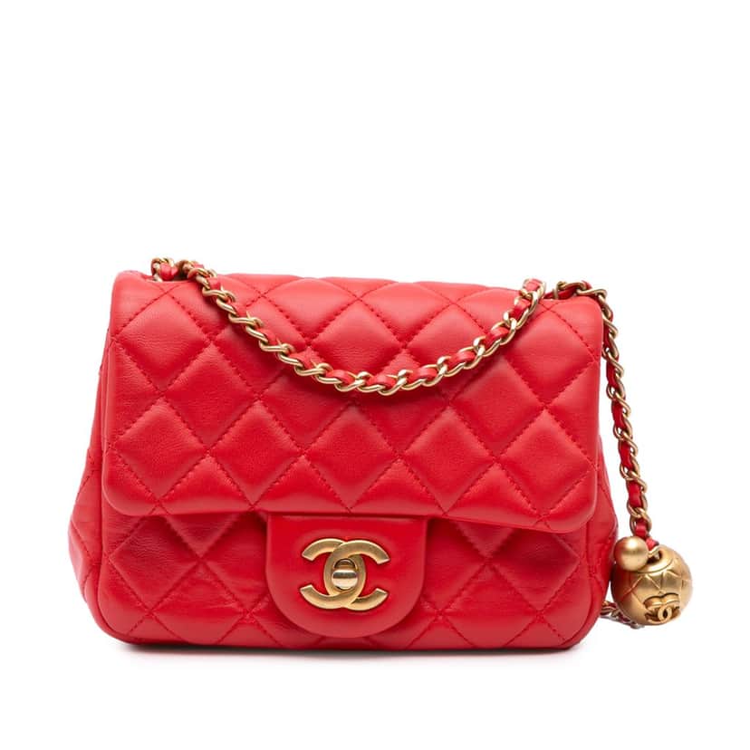 Chanel Mini Square Classic Lambskin Pearl Crush Single Flap Red Leather Very good condition - Front View
