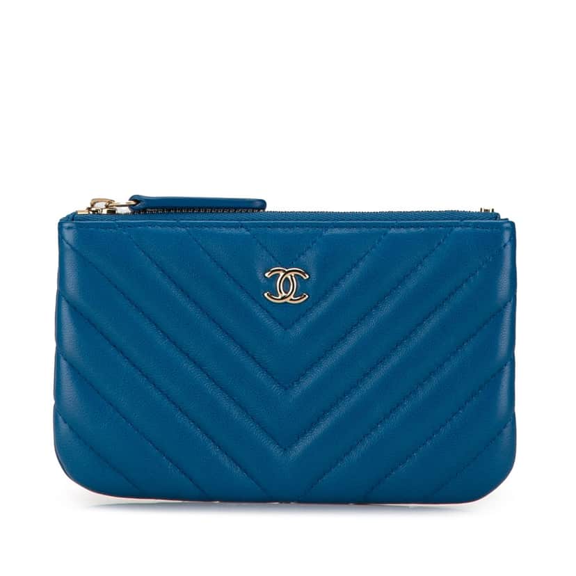Chanel Chevron Lambskin O Case Pouch Blue Leather Good condition - Front View