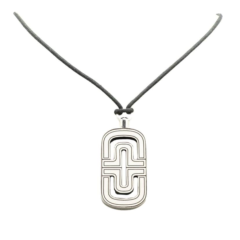 Bvlgari Sterling Silver Resin Parentesi Pendant Cord Necklace Black Leather Good condition - Front View