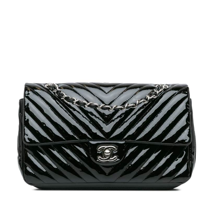 Chanel Medium Classic Chevron Patent Double Flap Black Leather Very good condition - Front View