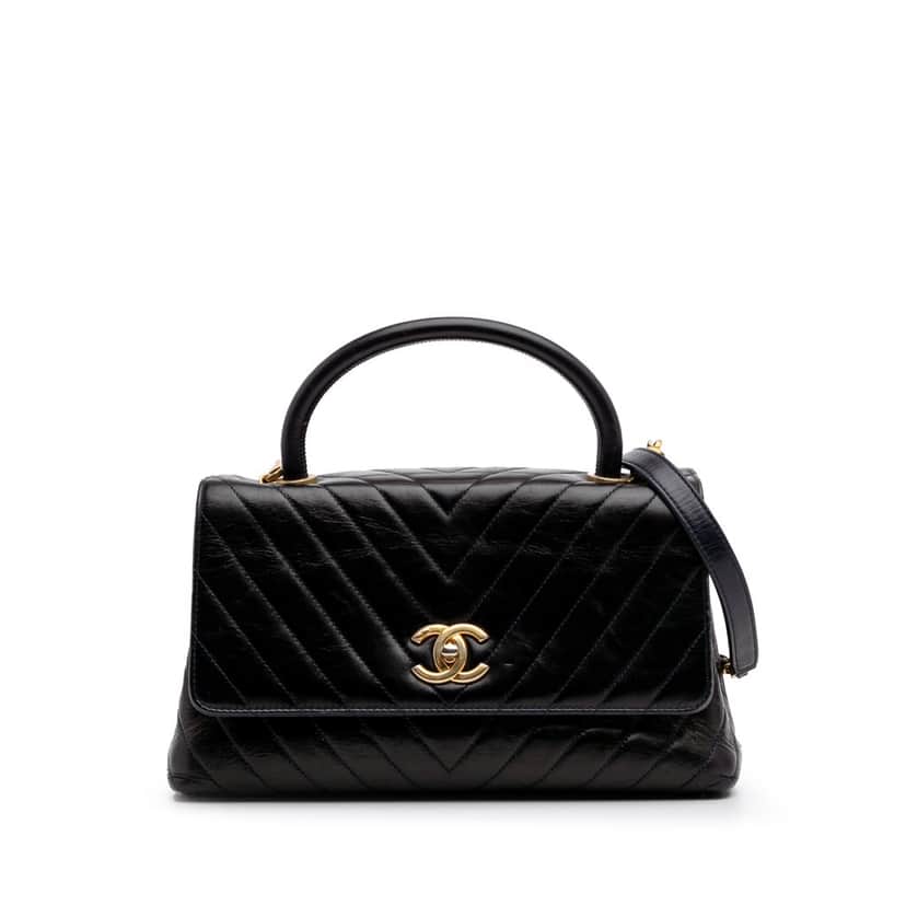 Chanel Medium Chevron Aged Calfskin Coco Top Handle Bag Black Leather Good condition - Front View