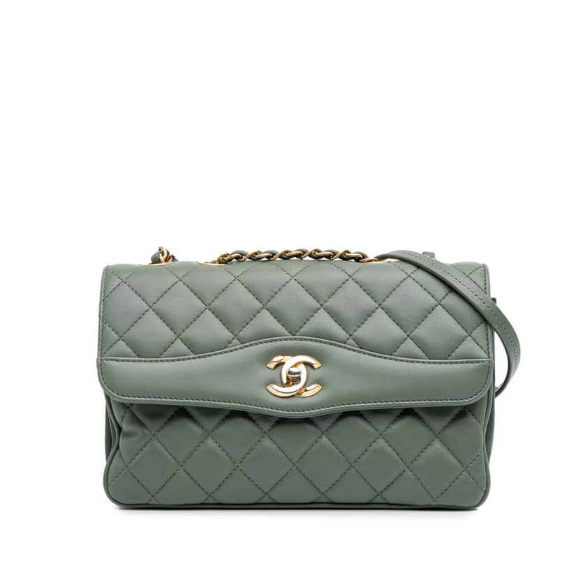 Chanel Medium Quilted Lambskin Daily Companion Flap Green Leather Good condition - Front View