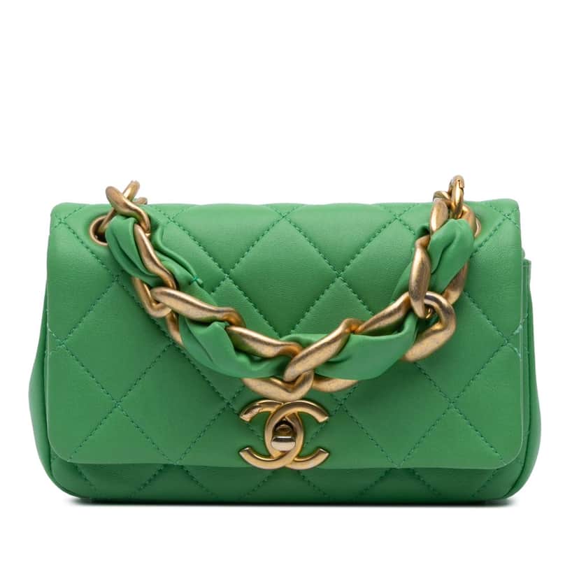Chanel Small Quilted Lambskin Chain Is More Flap Green Leather Good condition - Front View