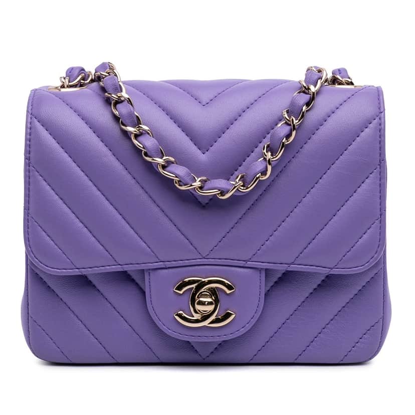 Chanel Mini Square Classic Chevron Lambskin Single Flap Purple Leather Good condition - Front View