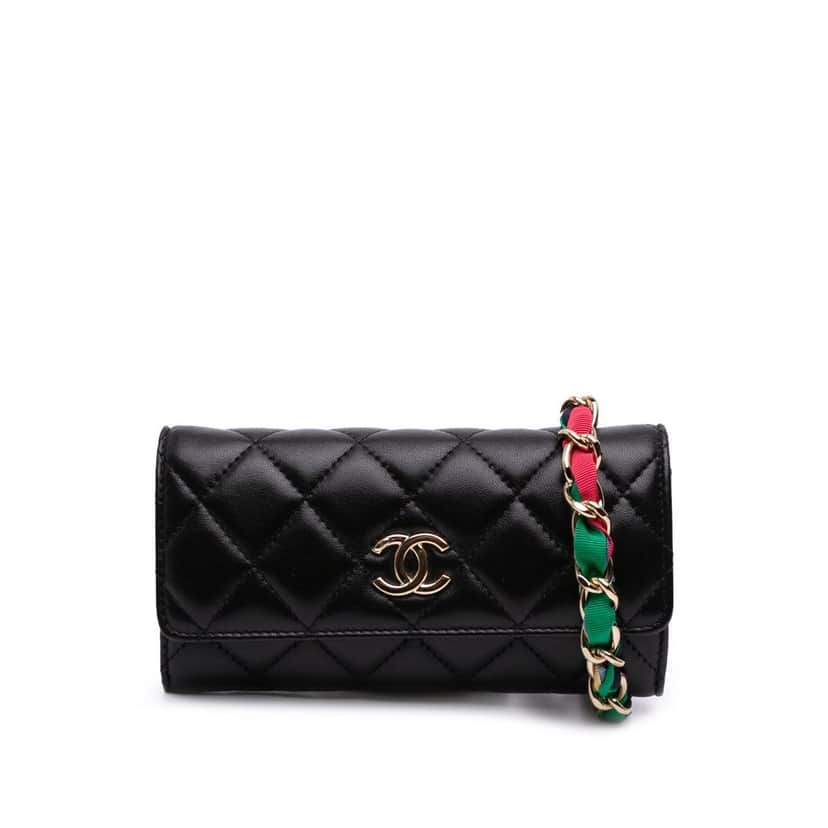 Chanel CC Quilted Shiny Lambskin Ribbon Long Clutch on Chain Black Leather Good condition - Front View