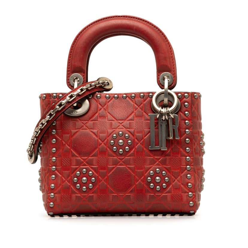 Dior Mini Embossed Calfskin Cannage Studded Flower Lady Dior Red Leather Good condition - Front View