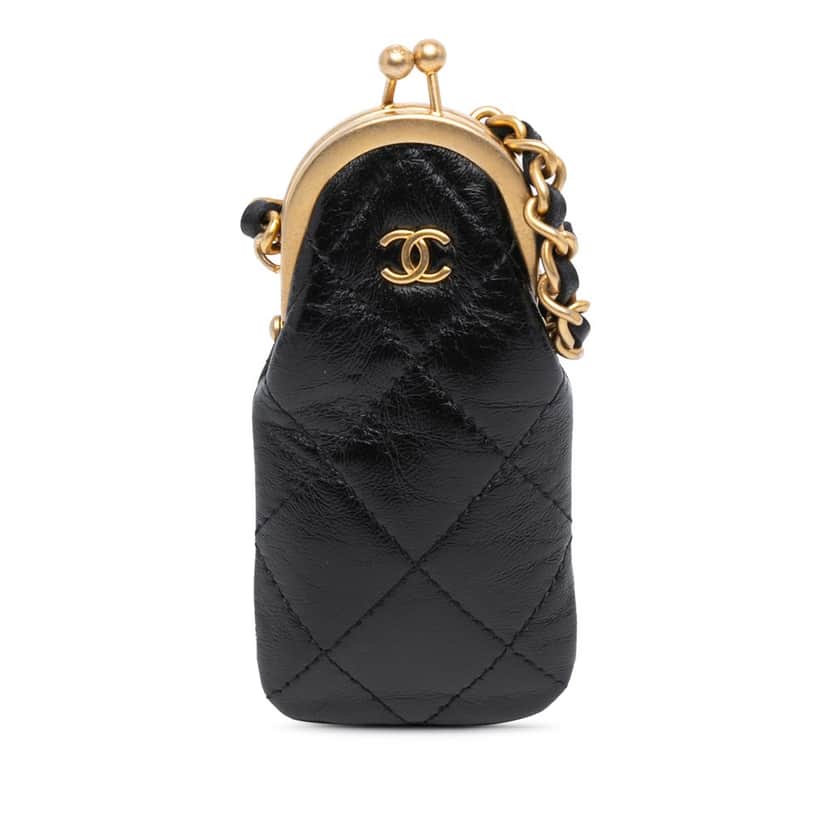 Chanel CC Quilted Lambskin Lipstick Case on Chain Black Leather Good condition - Front View