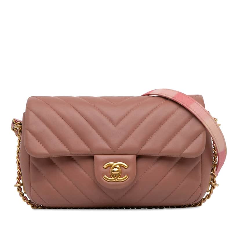Chanel Mini Rectangular Chevron Lambskin Chain Around Flap Pink Leather Good condition - Front View