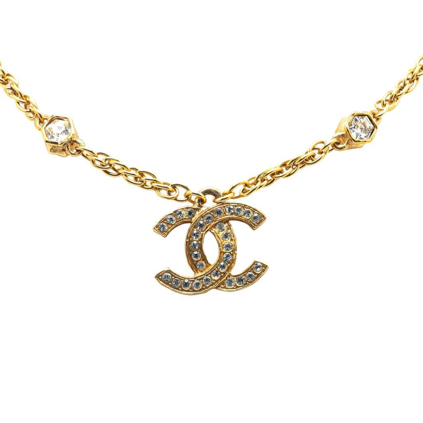 Chanel Gold Plated CC Rhinestones Pendant Necklace Gold Metal Good condition - Front View