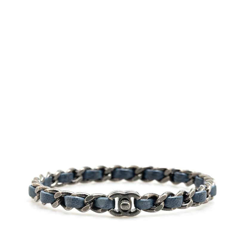 Chanel Silver Plated Leather Woven Chain CC Turnlock Bracelet Silver Brass Good condition - Front View