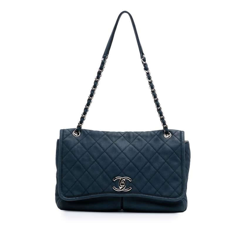 Chanel Large Quilted Nubuck Natural Beauty Split Pocket Flap Blue Leather Good condition - Front View