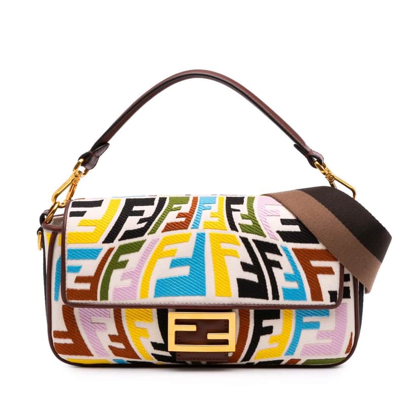 Fendi Sarah Coleman Zucca Embroidered Canvas Fish Eye Vertigo Baguette Satchel Brown Canvas Good condition - Front View