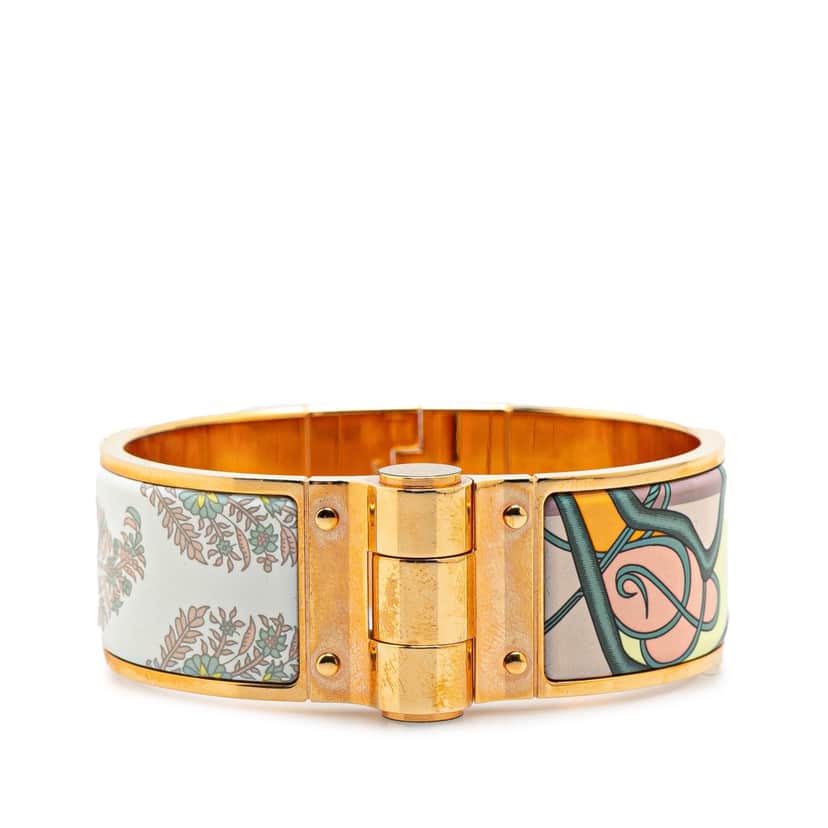 Hermès Wide Printed Enamel Coup de Fouet Au Bloc Hinged Bracelet PM White Good condition - Front View