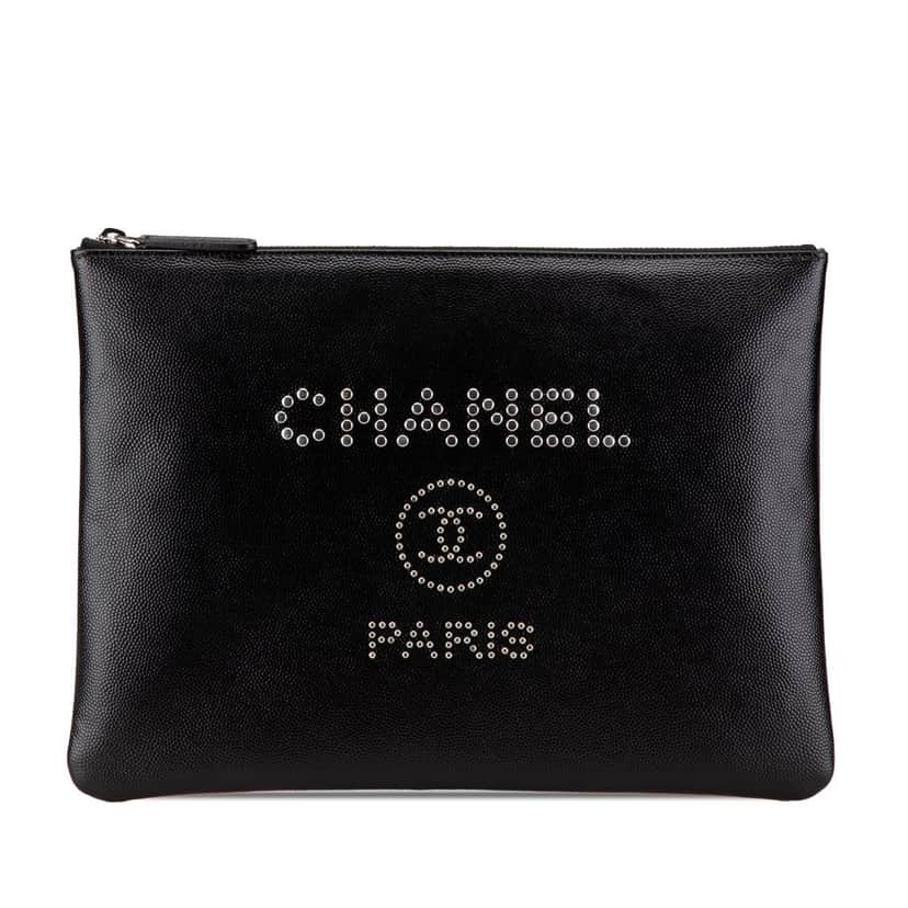 Chanel Medium Caviar Deauville Studded O Case Clutch Black Leather Good condition - Front View