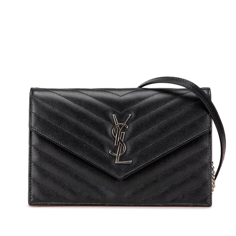 Saint Laurent Grain De Poudre Matelasse Chevron Monogram Chain Wallet Black Leather Good condition - Front View
