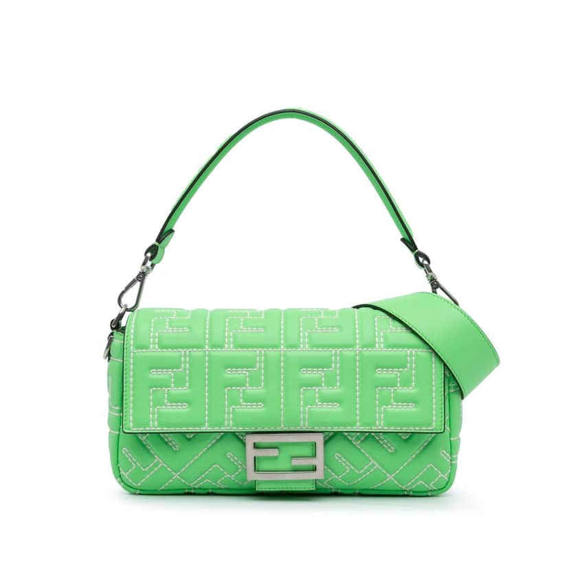 Fendi Zucca Embossed Stitched Leather Baguette Satchel Green Leather Good condition - Front View