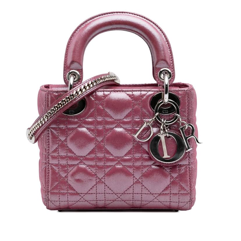 Dior Mini Iridescent Lambskin Cannage Lady Dior Pink Leather Good condition - Front View