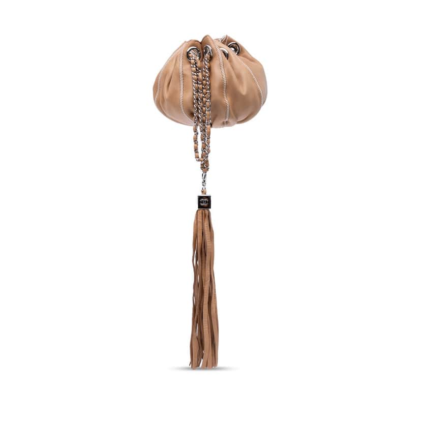 Chanel Mini Lambskin and Satin Reversible Sac Cordon Brown Leather Good condition - Front View