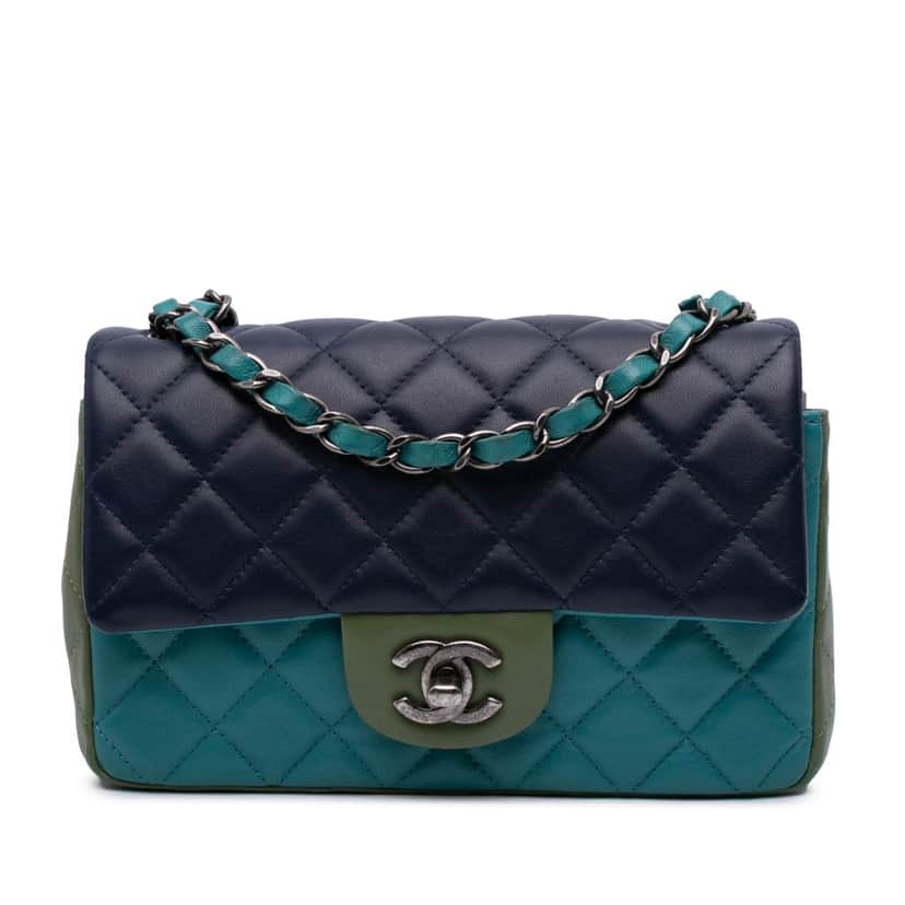 Chanel Mini Rectangular Classic Tricolor Lambskin Single Flap Blue Leather Good condition - Front View