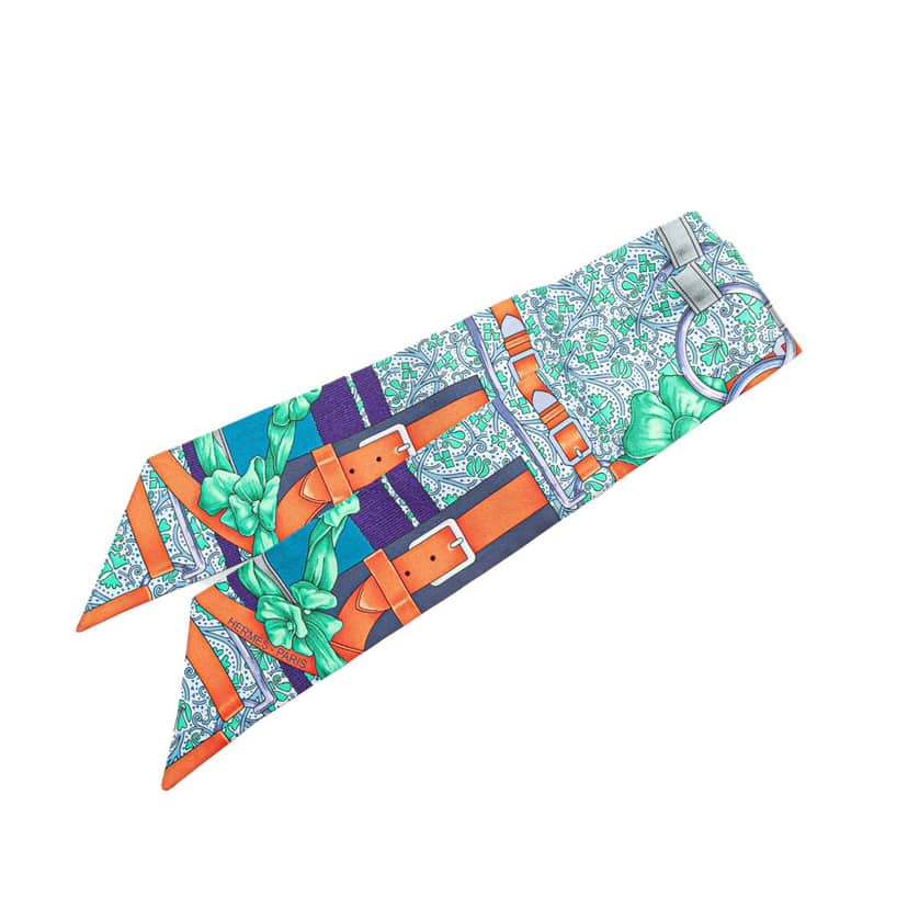 Hermès Grand Manege Fleuri Silk Twilly Scarf Green Silk Very good condition - Front View