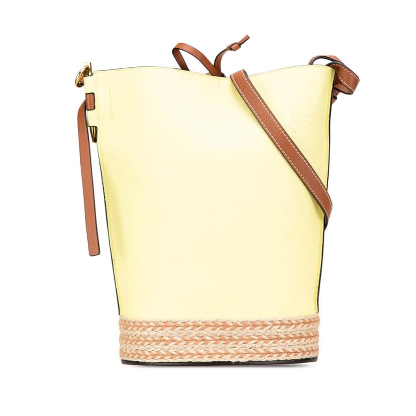 Loewe Bicolor Calfskin and Raffia Gate Bucket Bag Yellow Leather Good condition - Front View