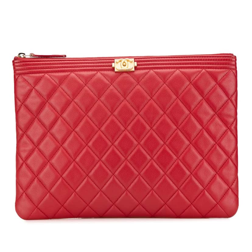Chanel Medium Quilted Caviar Boy O Case Clutch Red Leather Good condition - Front View
